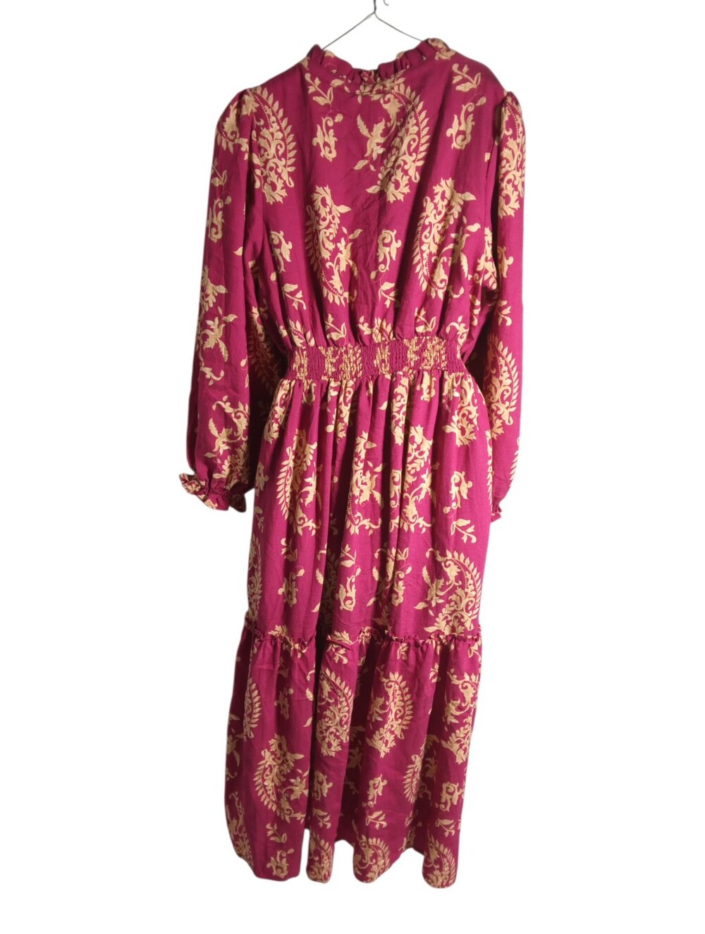 Umgee Pink Floral Midi Dress Sz L Smocked Waist Tie Neck Boho Cottagecore Tiered - Picture 9 of 9
